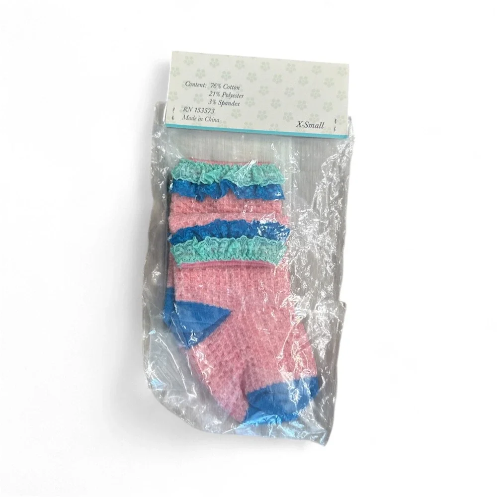 Wildflowers Kids Pink Blue‎ Ruffle Lace Trim Cotton Blend Socks X-Small